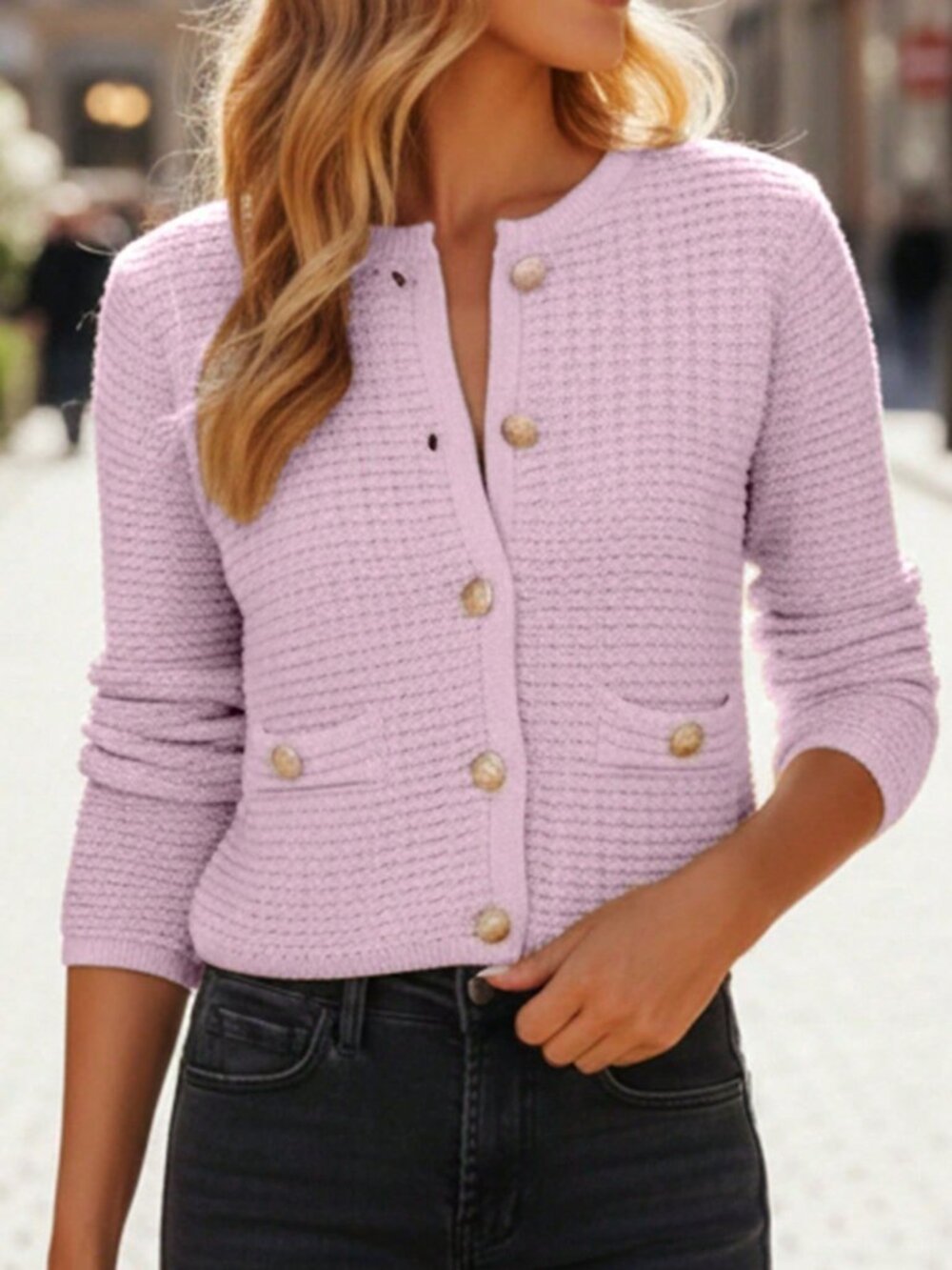 Pink Casual Women's Round Neck Button Pocket Knit Sweater - Picture 4 of 6